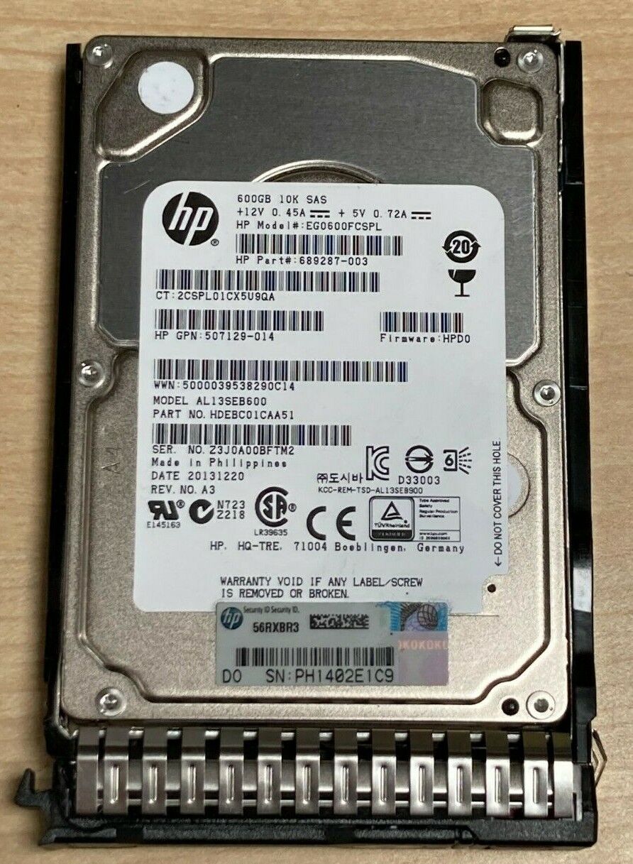 HP 689287-003 600GB 2.5 10K 64MB 6Gbps SAS Server Hard Drive AL13SEB600 G8 G9