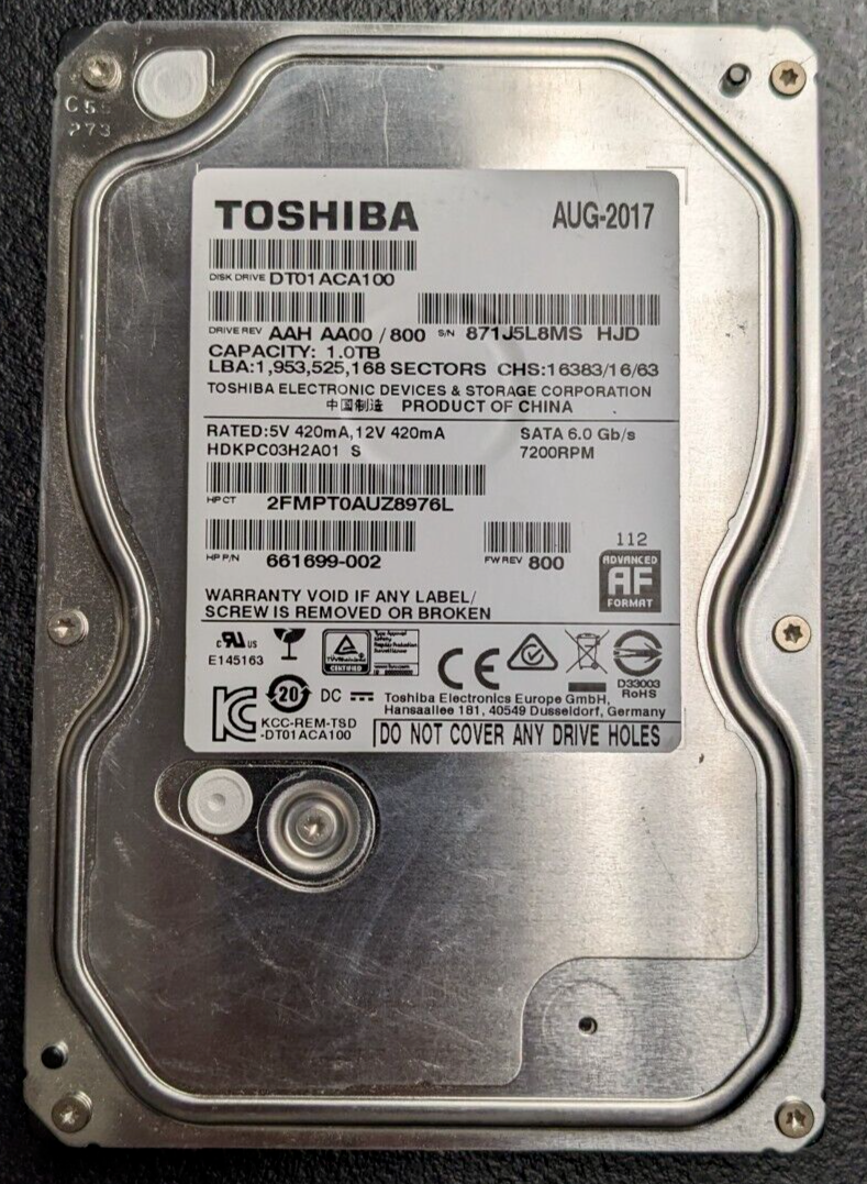 Toshiba 1 TB Desktop Hard Drive 3.5" SATA 6.0Gb/s 32MB 7200RPM DT01ACA100 TESTED