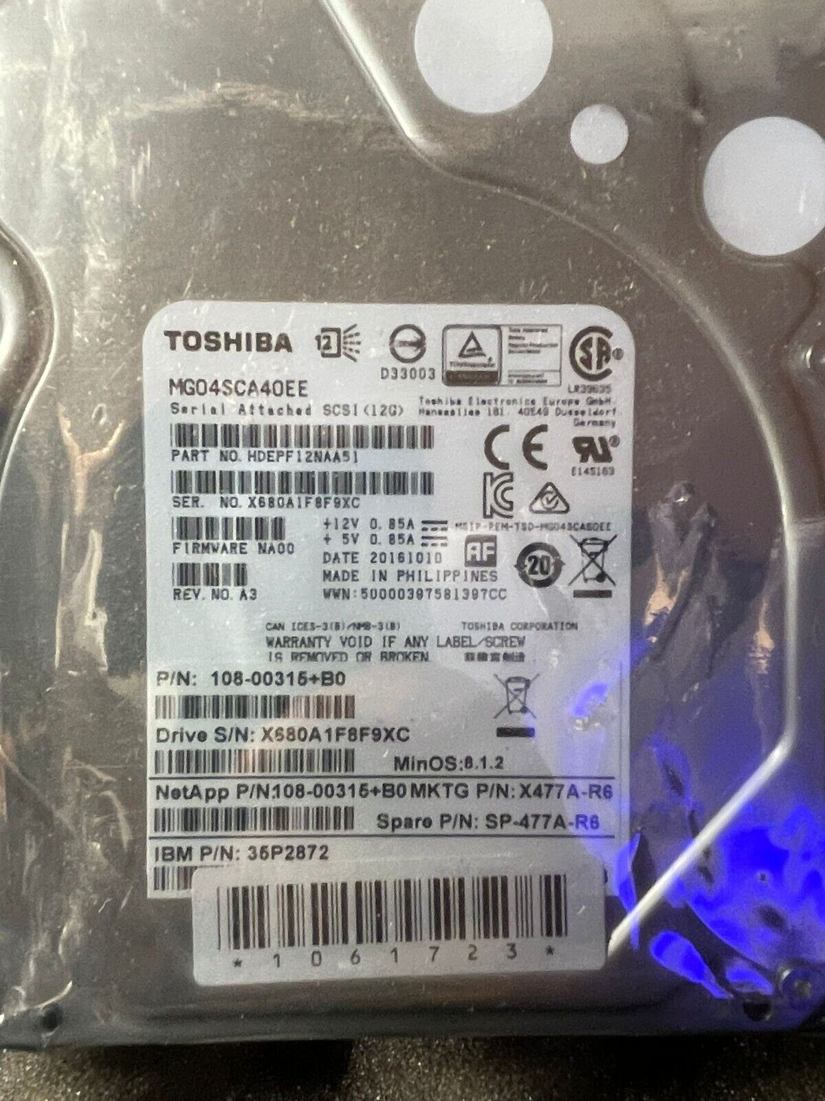 4TB SAS 12G 7.2k 128MB 3.5" Toshiba MG04SCA40EE Dell IBM HP 35P2872 HDEPF12NAA51