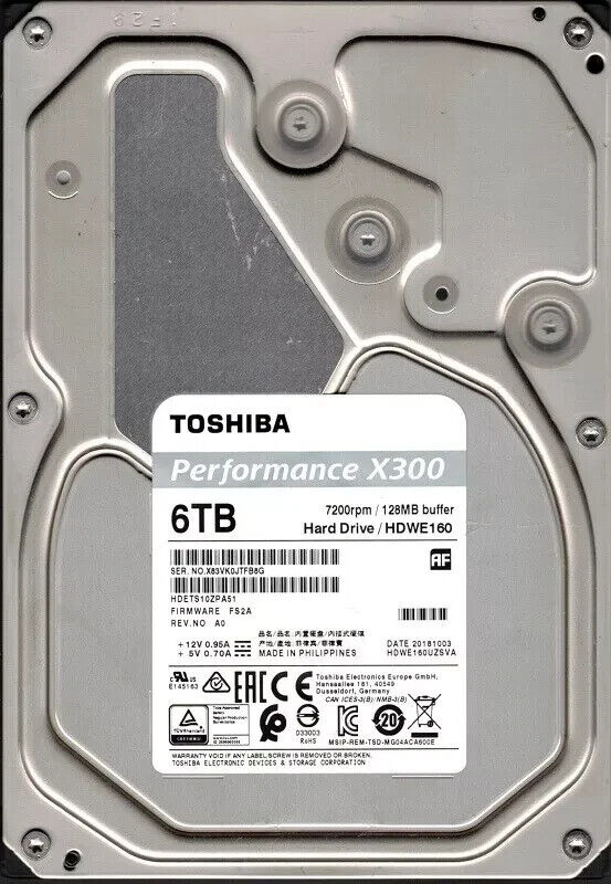 Toshiba 6TB X300 HDWE160UZSVA P/N: HDETS10ZPA51 F/W: FS2A