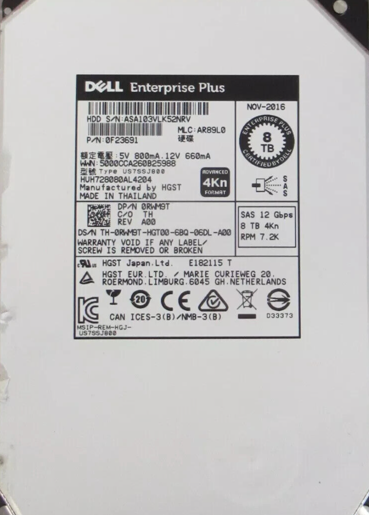 RWM9T DELL 8TB 7.2K SAS 12Gbps 3.5in 4KN HDD 0RWM9T HUH728080AL4204