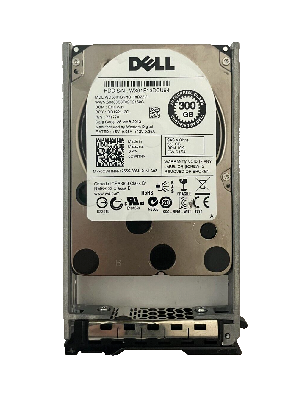Dell 300GB SAS 6 GBPS RPM 10K 2.5" Hard Drive WD3001BKHG 0CWHNN CWHNN W/ Tray