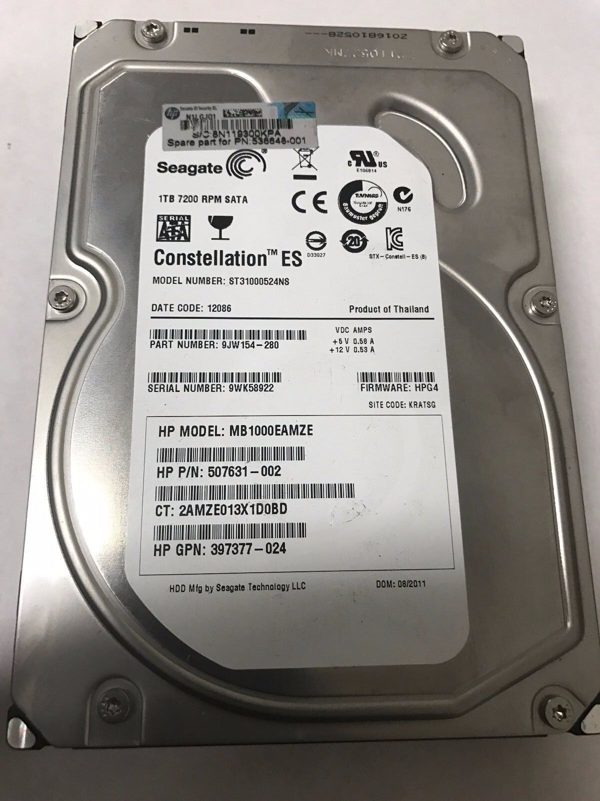 ST31000524NS 9JW154-280, FW HPG3, Seagate 1TB SATA 3.5 HP 50763-002 397377-024