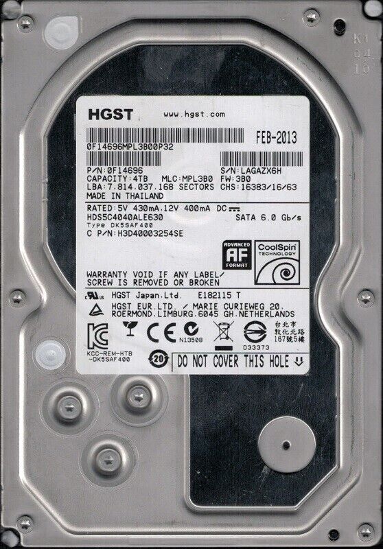 HGST 4TB SATA 3.5 P/N: 0F14696 Desktop HDS5C4040ALE630 HDD hard drive