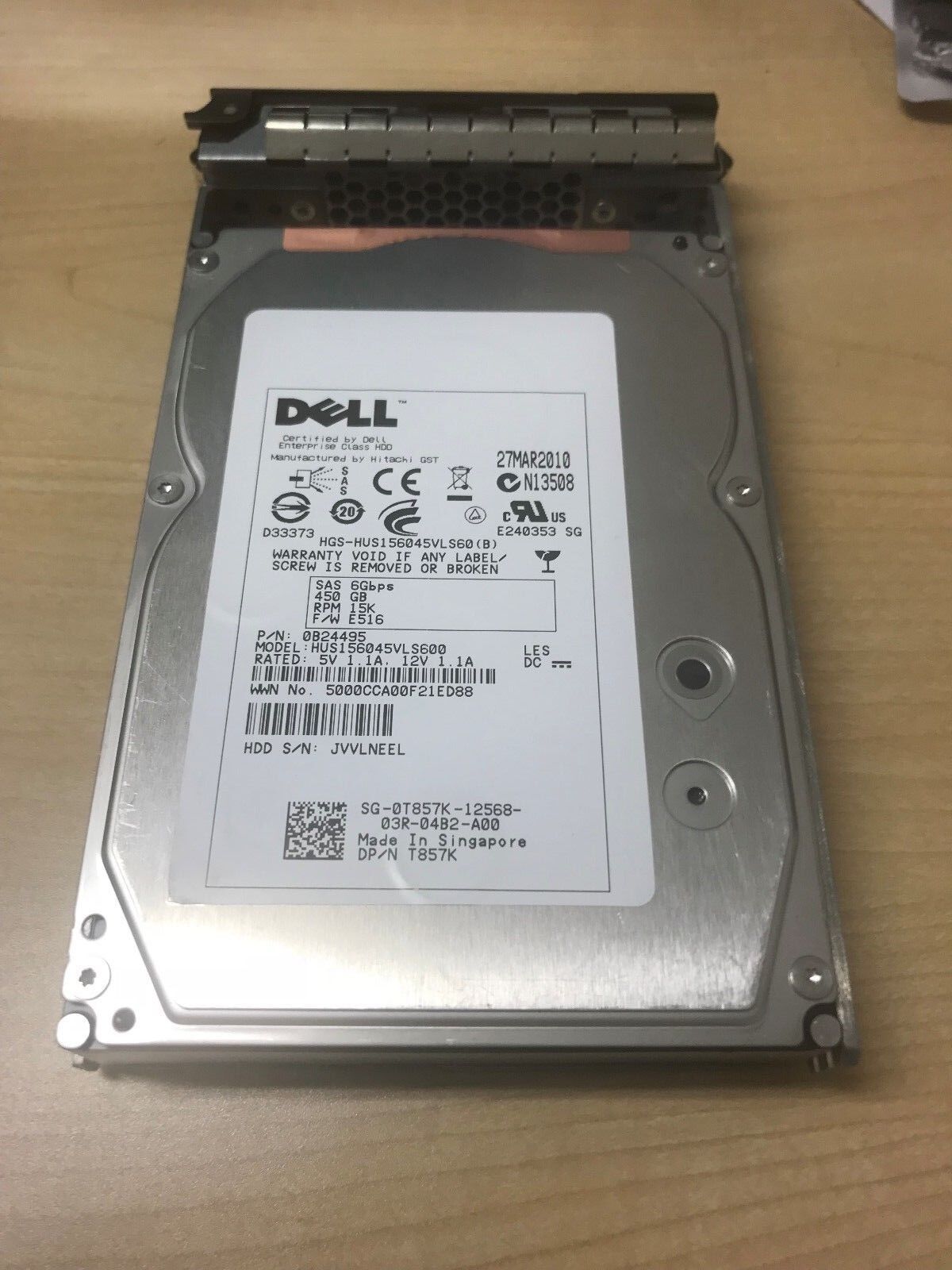 T857K HUS156045VLS600 DELL 450GB 15K 6G LFF 3.5'' SAS HARD DRIVE 0T857K w/tray