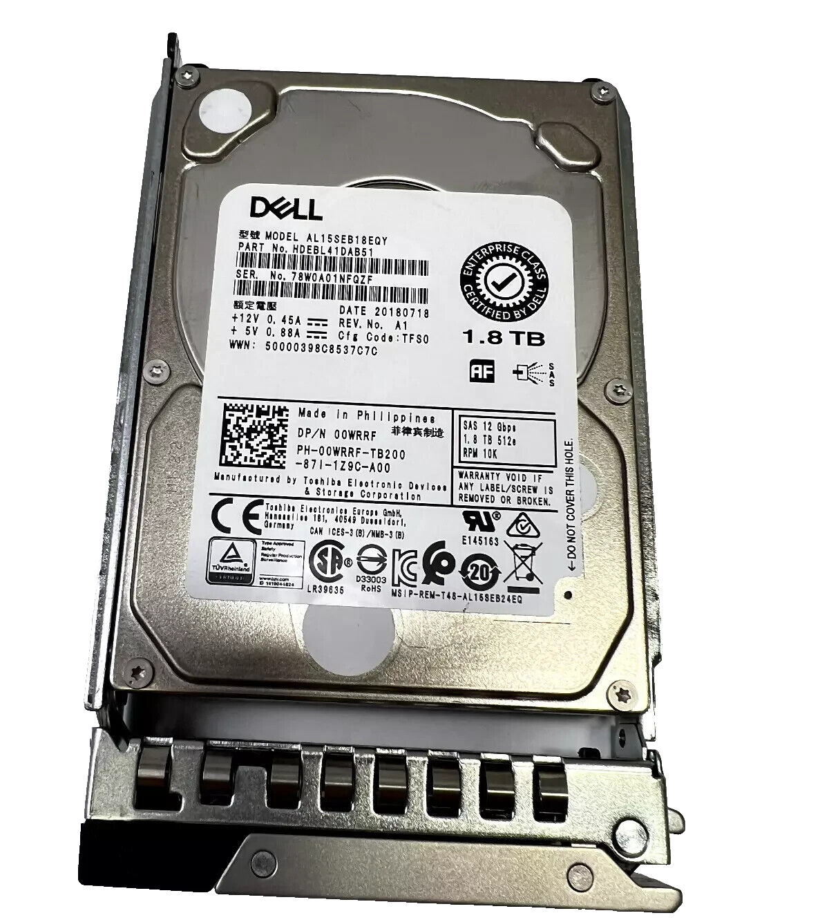 DELL 1.8TB 10K 12Gb 2.5" AF SAS AL15SEB18EQY DP/N 00WRRF *512 FULLY TEST