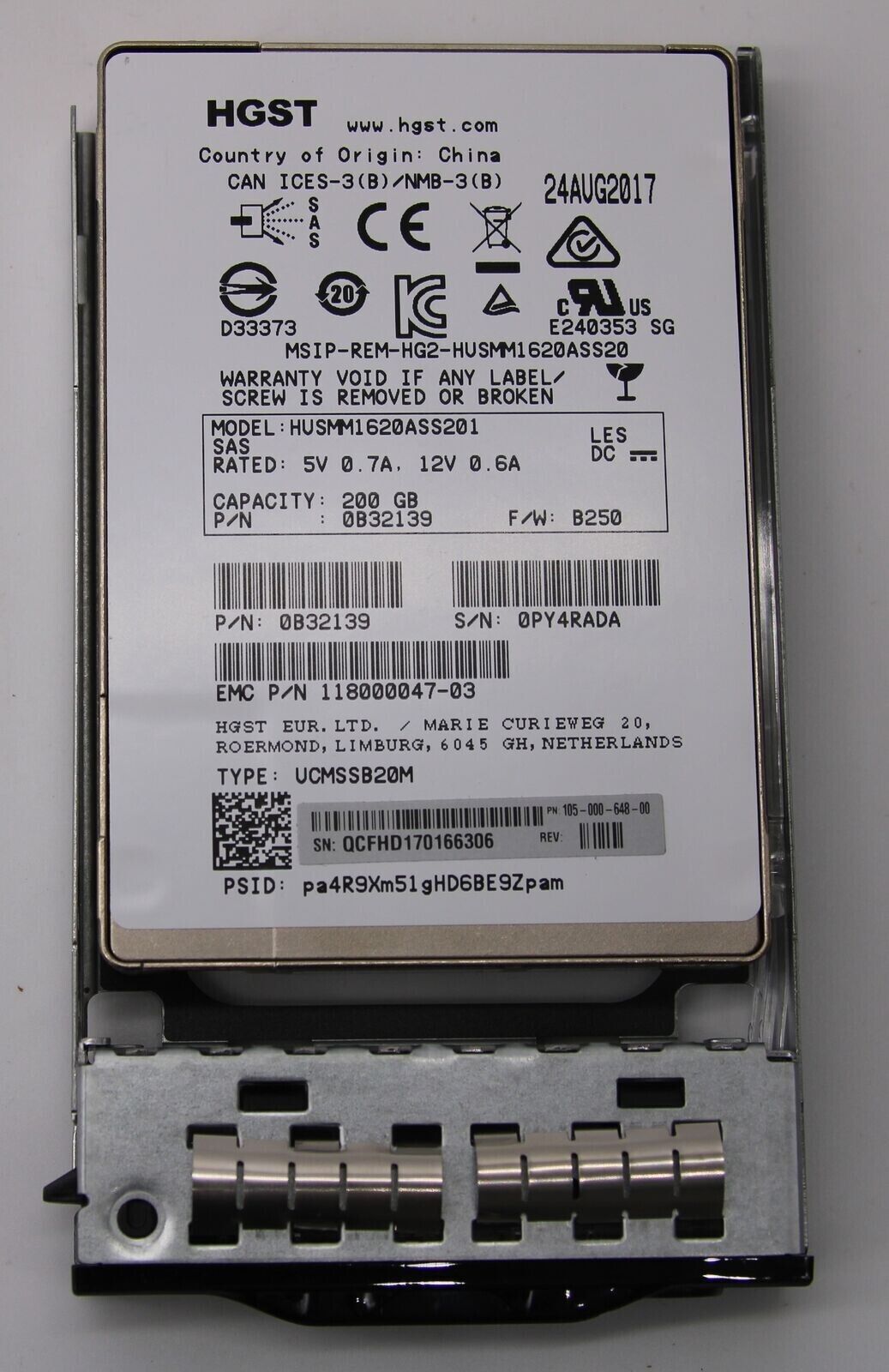 HGST 200GB Internal Server SSD 2.5" 12Gb/s SAS HUSMM1620ASS201 0B32139