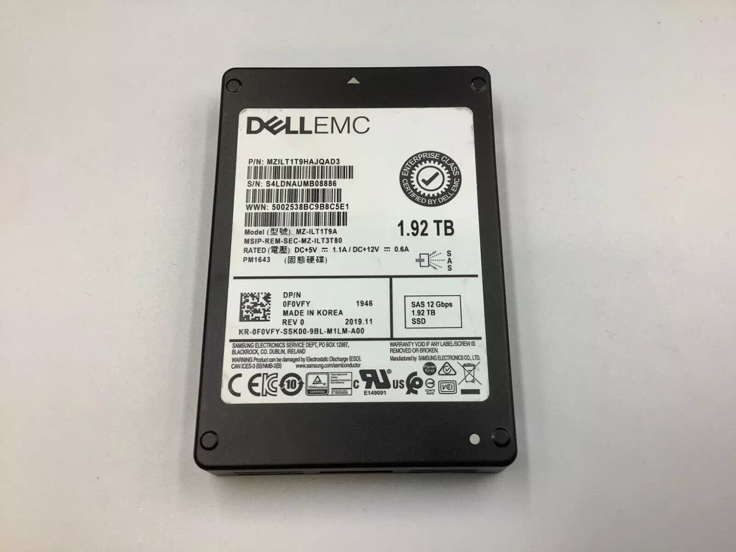 0F0VFY Dell 1.92TB 12Gbps SAS Read Intensive TLC 2.5'' SSD MZ-ILT1T9A F0VFY