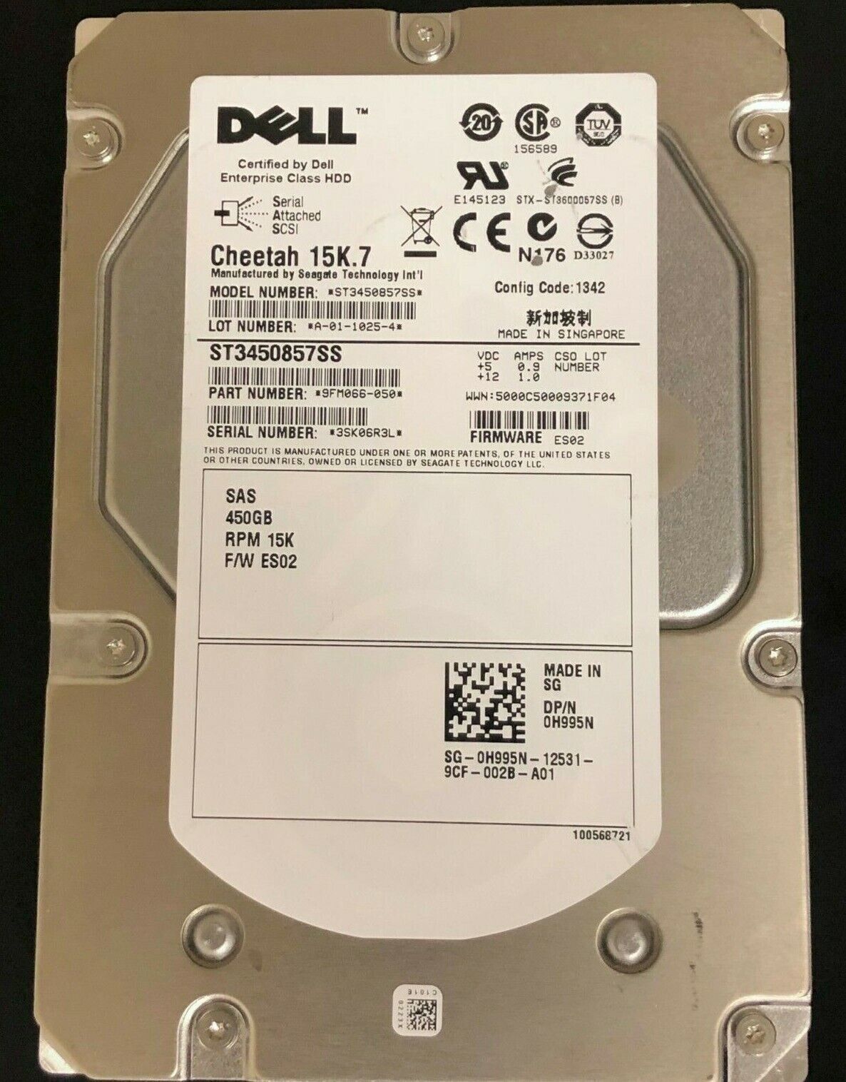 Dell/Seagate 450GB 6G 15K 3.5" SAS 0H995N H995N ST3450857SS HARD DRIVE