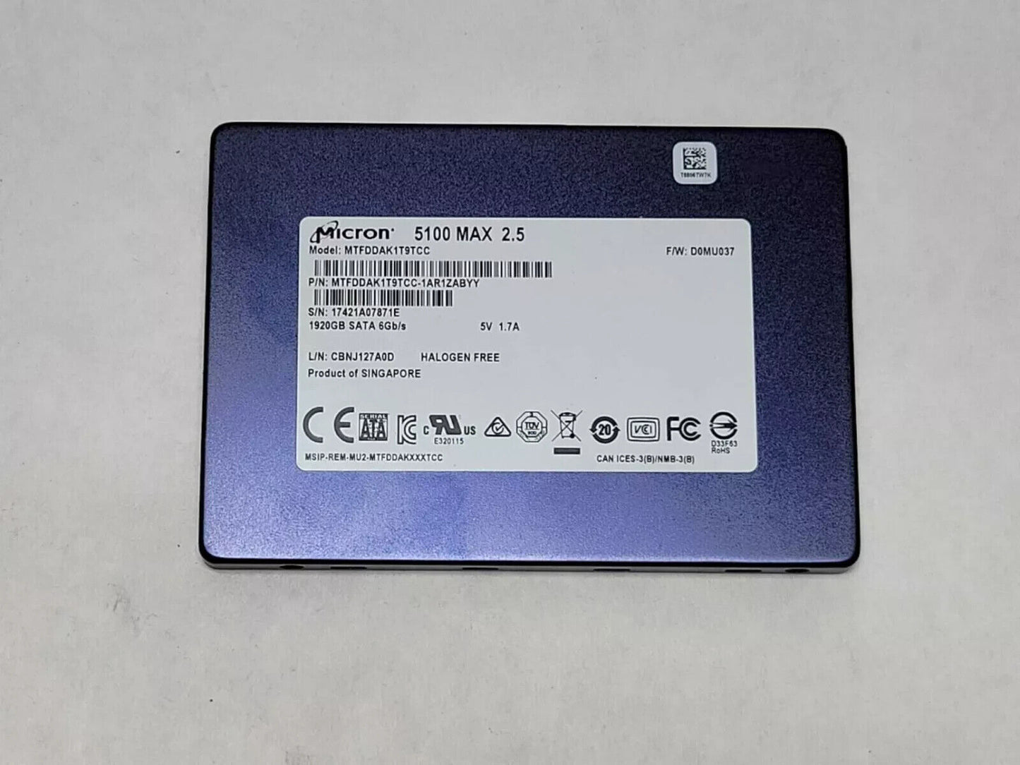 Micron 5100 MAX 1.92TB 2.5" SATA SSD SOLID STATE DRIVE MTFDDAK1T9TCC GOOD HEALTH