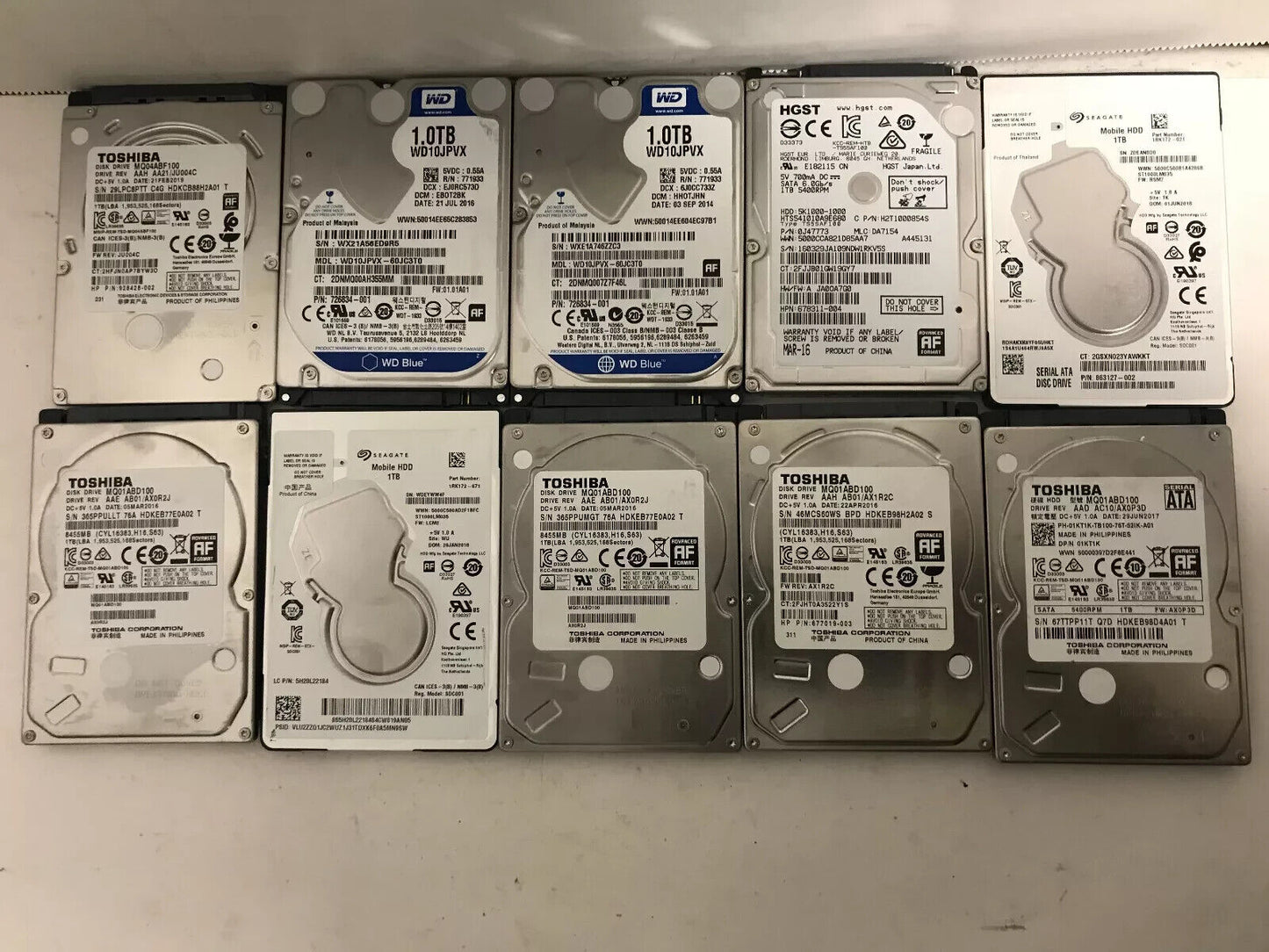 Lot of 10 Mixed Brand Mixed Speed 1TB 2.5" SATA Hard Drive HDD Tested Wiped