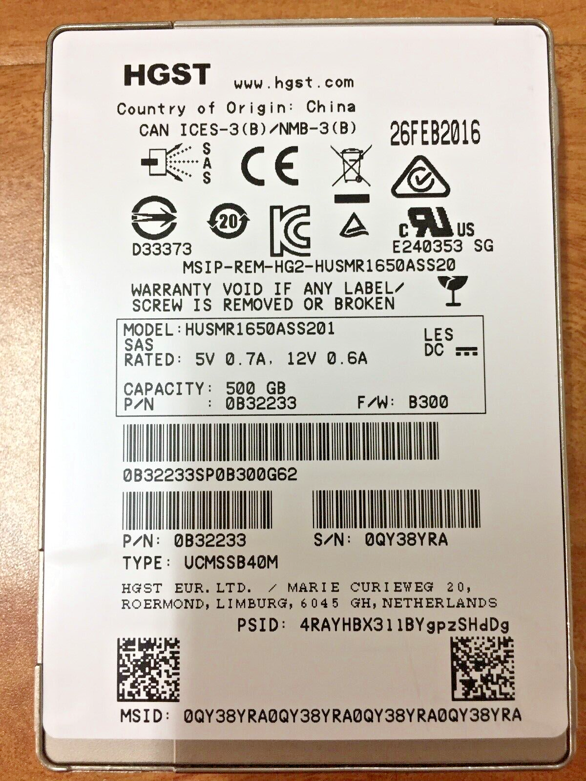 HGST Ultrastar HUSMR1650ASS201 SSD 500 GB SAS 12Gb 0B32233 SSD1600MR MLC TCG
