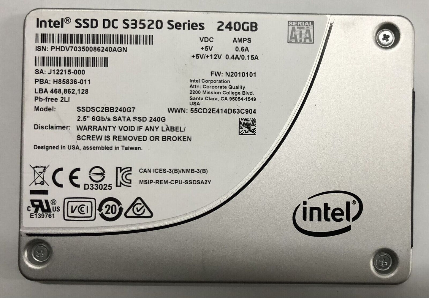 Intel SSD DC S3520 Series 240GB 2.5" Sata 6Gb/s Solid State Drive SSDSC2BB240G7