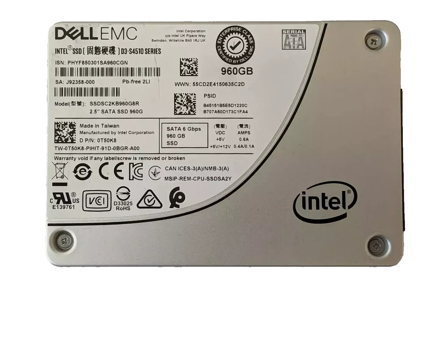 DELL EMC 0T50K8 D3-S4510 SERIES 960GB SATA 6Gbps 2.5' SSD SSDSC2KB960G8R T50K8