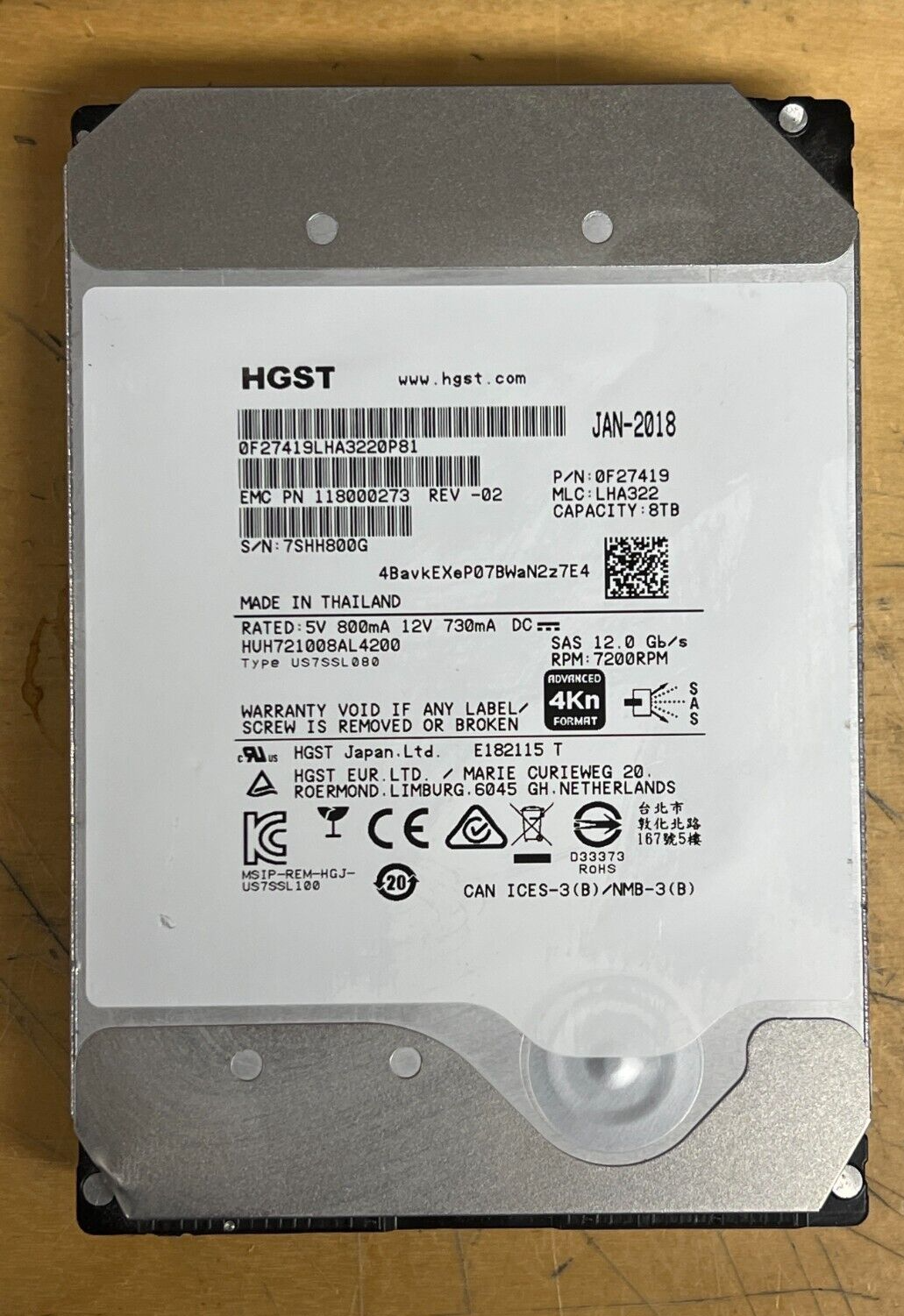 HGST 8TB 7.2K 12Gb/s 3.5" AF SAS HDD HUH721008AL4200 F27419