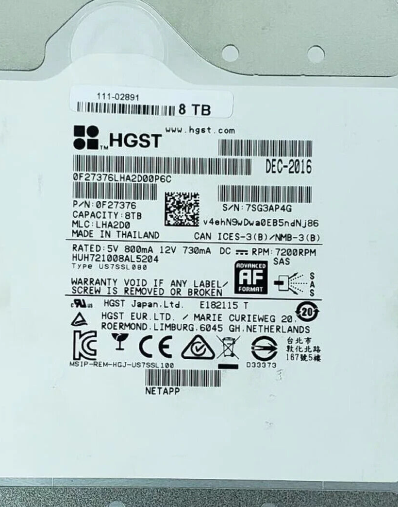 8TB 7.2K 12Gb/s SAS 3.5” Hard Drive – PN: 0F27376 / HUH721008AL5204 HDD