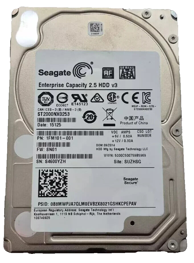 Seagate Enterprise Capacity ST2000NX0253 2TB SATA 2.5" HDD v3 PN 1FM101-002