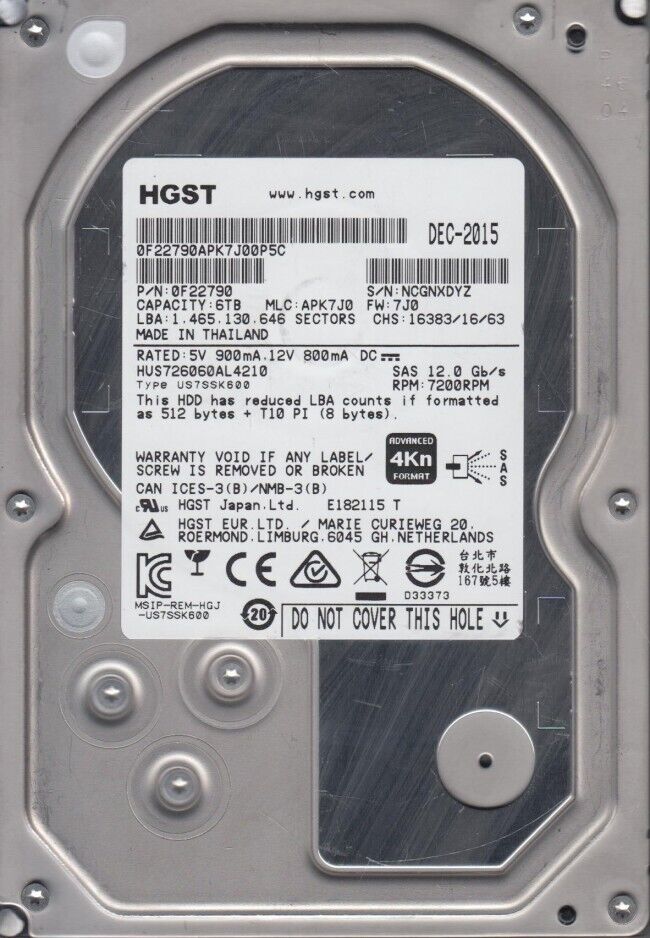 HGST 3.5" 6TB 7.2K 12Gbps SAS-3 128MB Server Hard Drive 0F22790 4Kn HDD