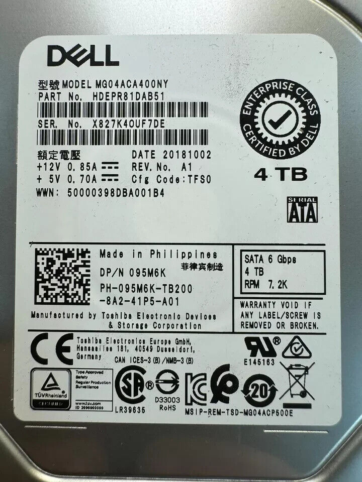 Dell 095M6K MG04ACA400NY 4TB 7.2K RPM 6Gbps SATA 3.5" Internal Hard Drive HDD