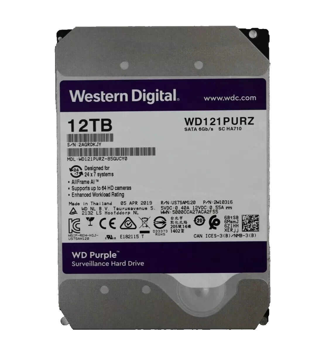 WD Purple WD121PURZ-85GUCY0 12TB 7.2K RPM 6G SATA 3.5" Surveillance Hard Drive