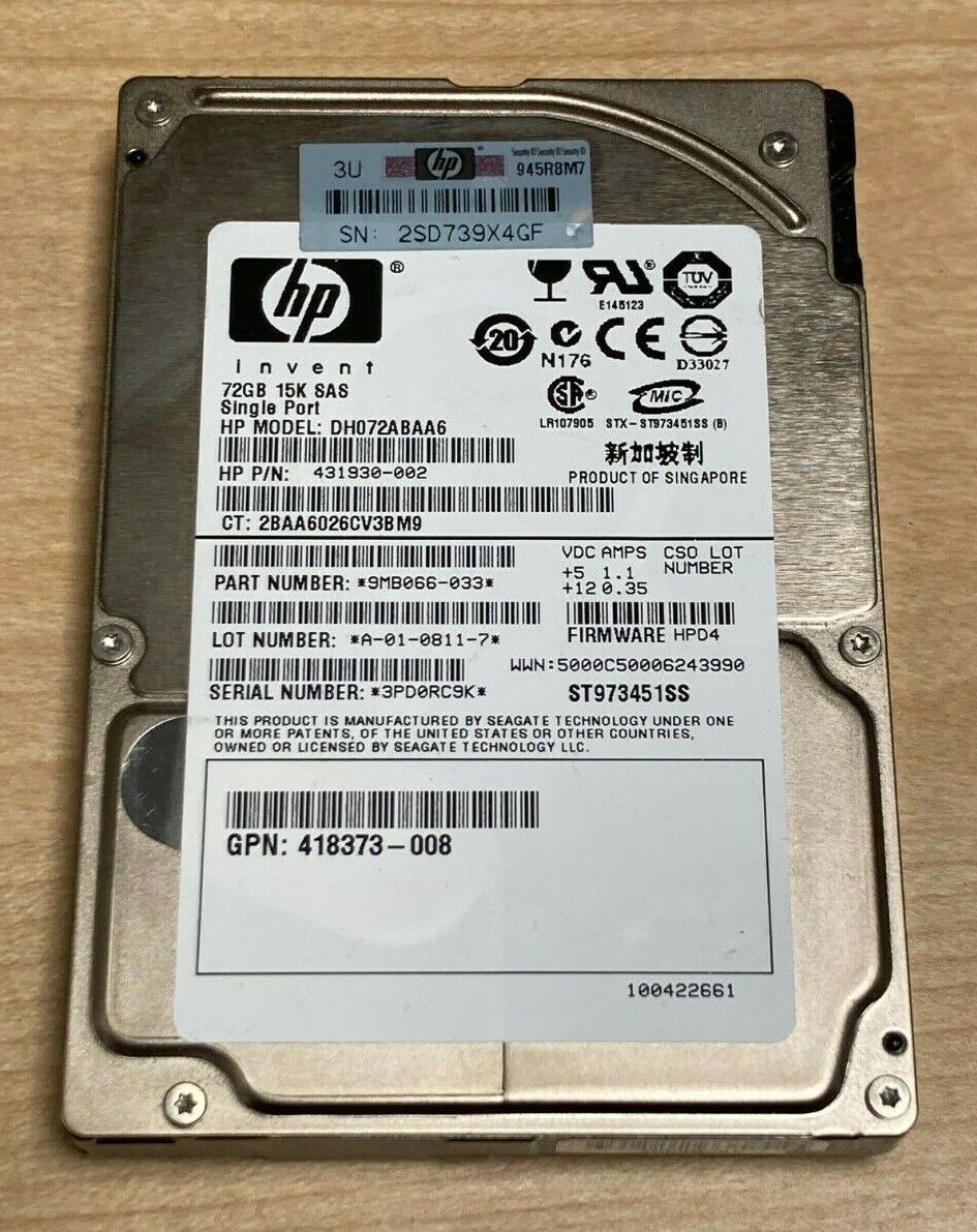 HP 2.5" 72GB 15K SAS MODEL: DH072ABAA6 GPN: 418373-008 431930-002 HDD