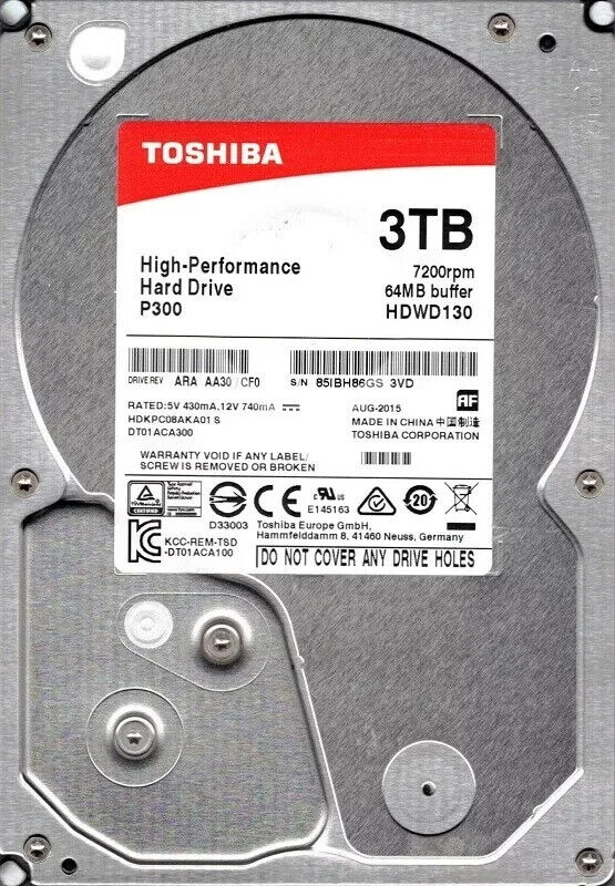 Toshiba P300 3TB Internal, 7200 RPM, 3.5" HDWD130XZSTA Hard Drive