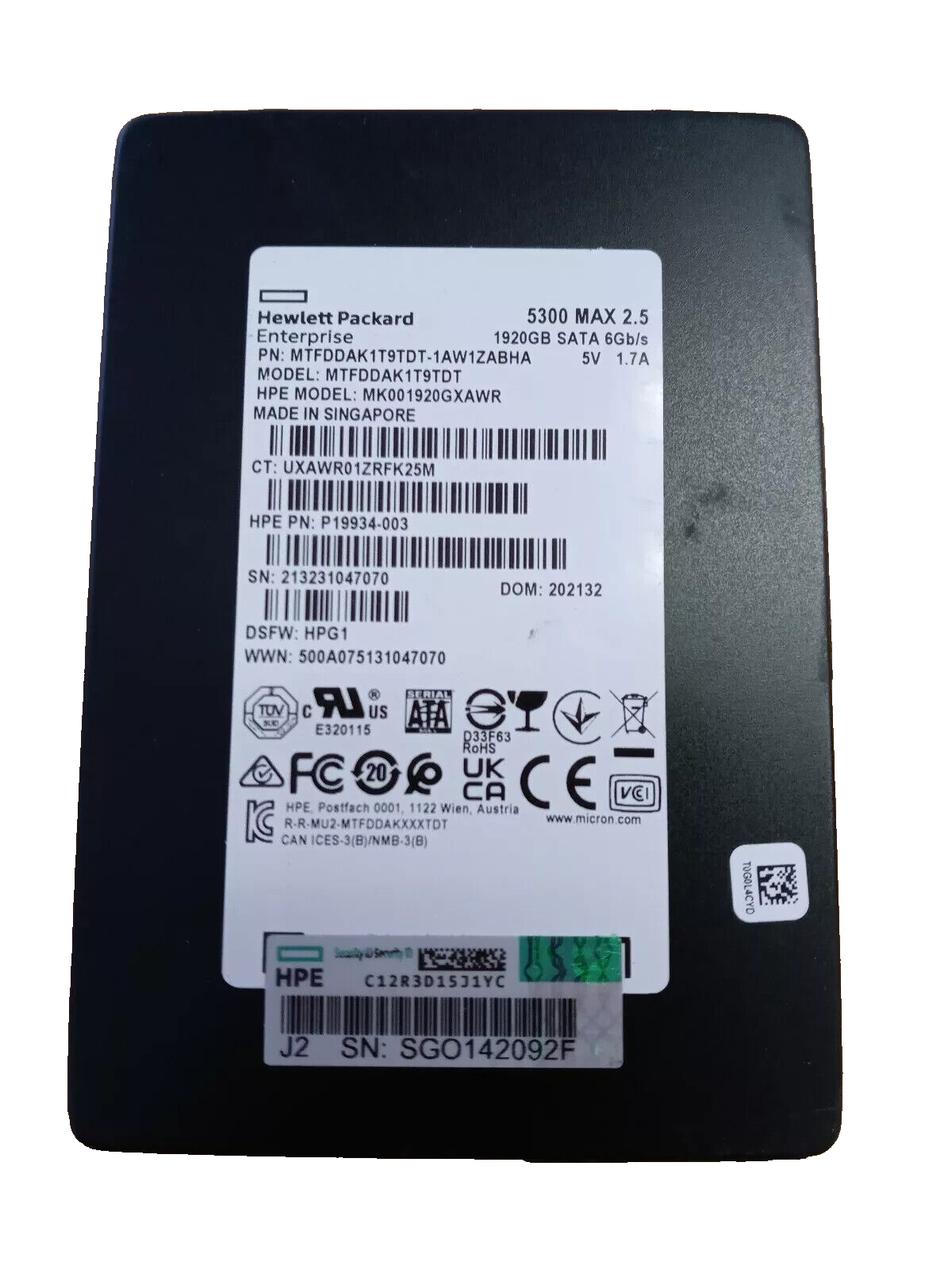 HP HPE 1.92TB 5300 MAX 2.5" SATA 6Gb/s SSD Solid Drive MTFDDAK1T9TDT P19934-003