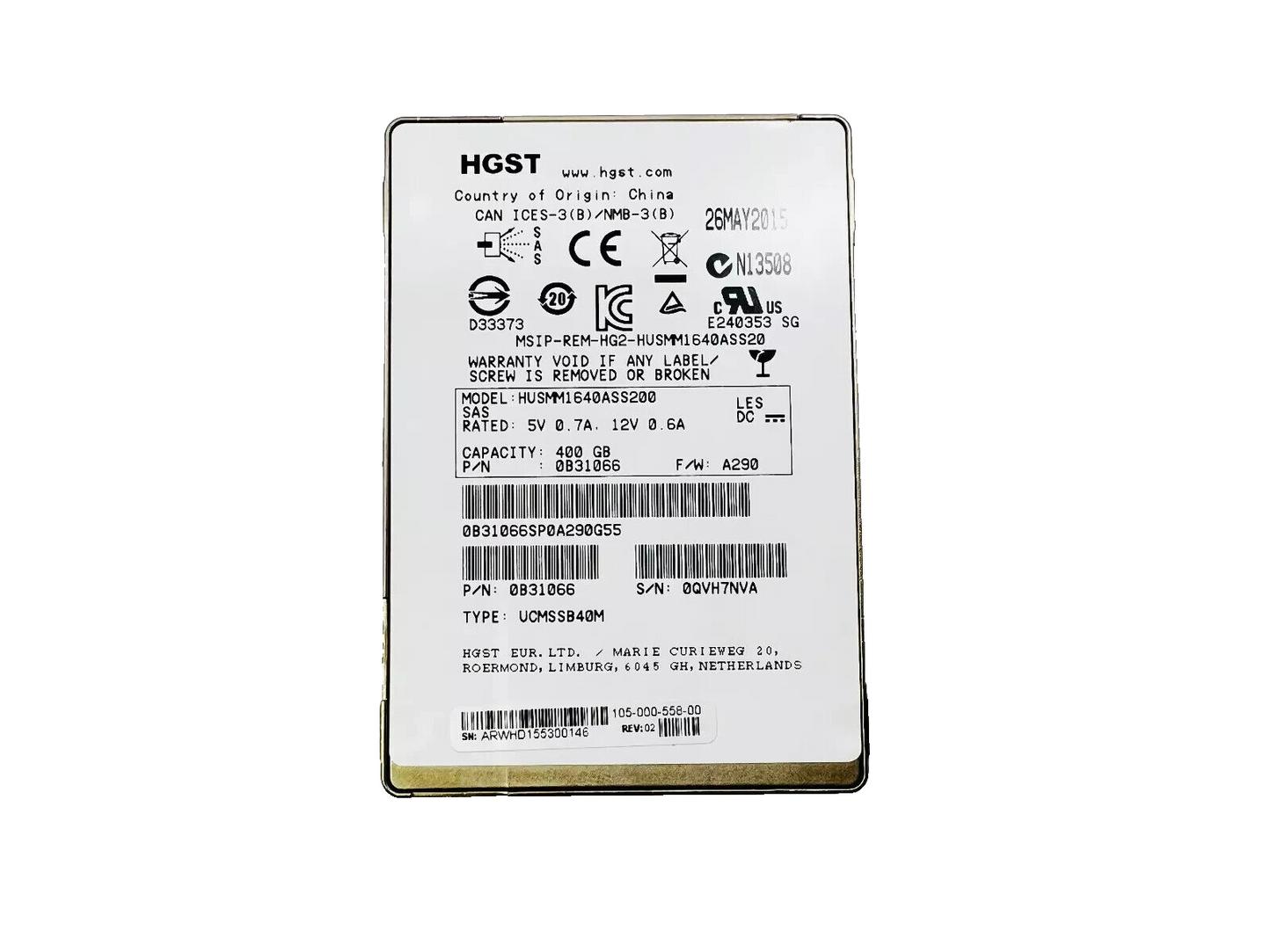 HGST Ultrastar SSD1600MM 400GB 2.5" 12Gbps SAS SSD 0B31066 HUSMM1640ASS200