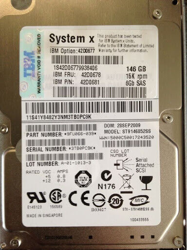 IBM 146GB 2.5" Hard Drive 42D0677 6gbps SAS internal 15K 42D0681