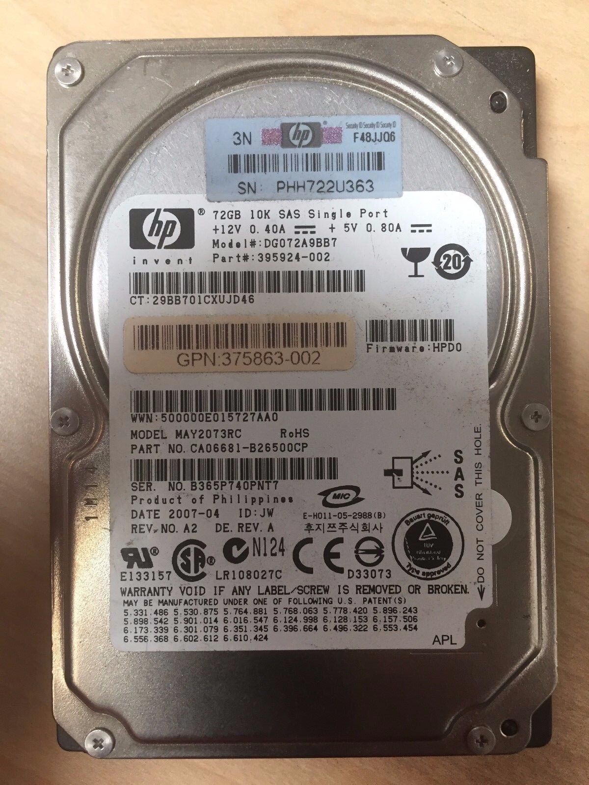 HP 72GB SAS DG072A9BB7 p/n: 395924-002 gpn: 375863-004 MAY2073RC f/w: HPD0 3706