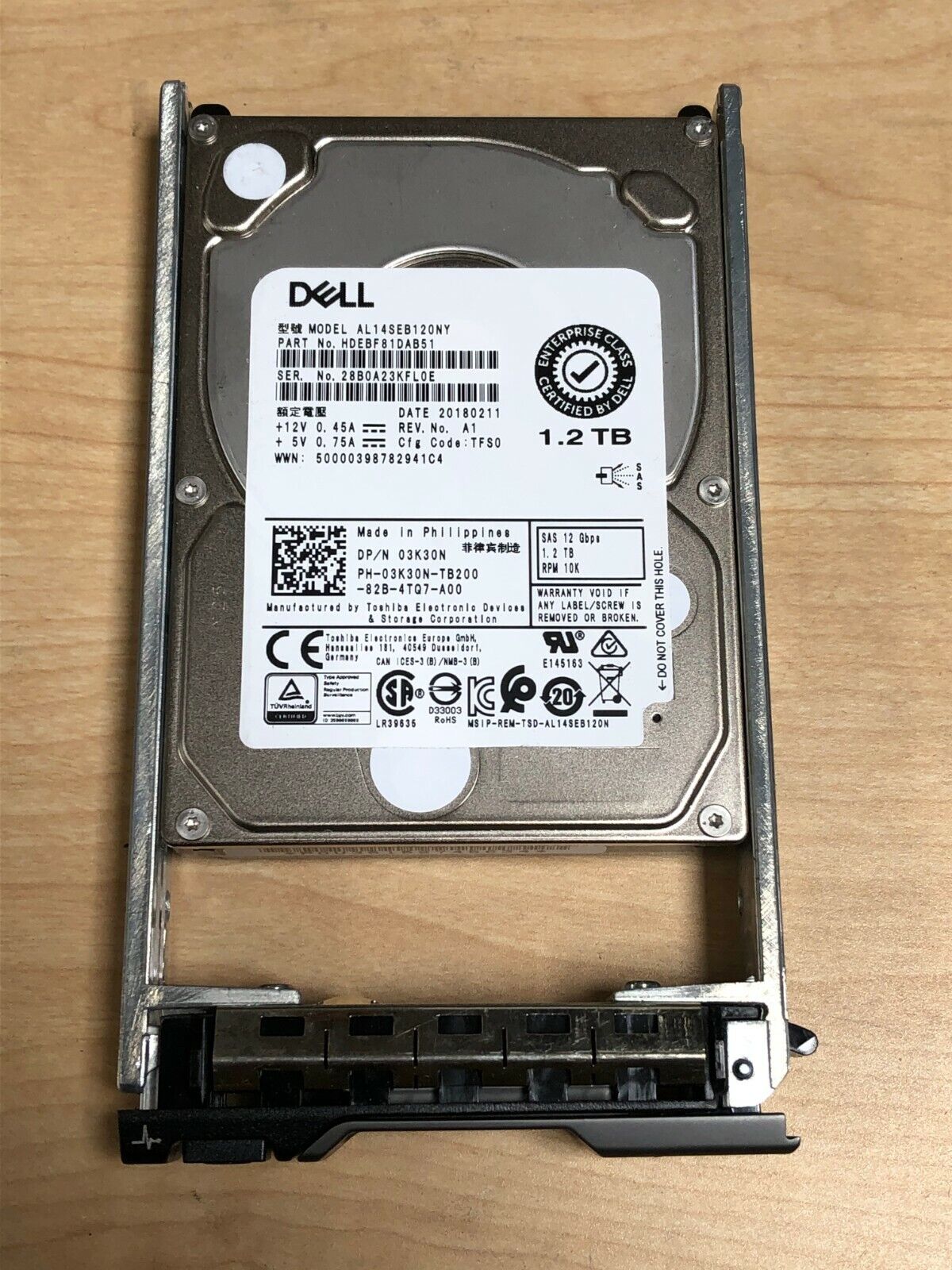 Toshiba 03K30N 1.2TB HDD 10K RPM 2.5" SAS Model: AL14SEB120NY DP/N: 3K30N
