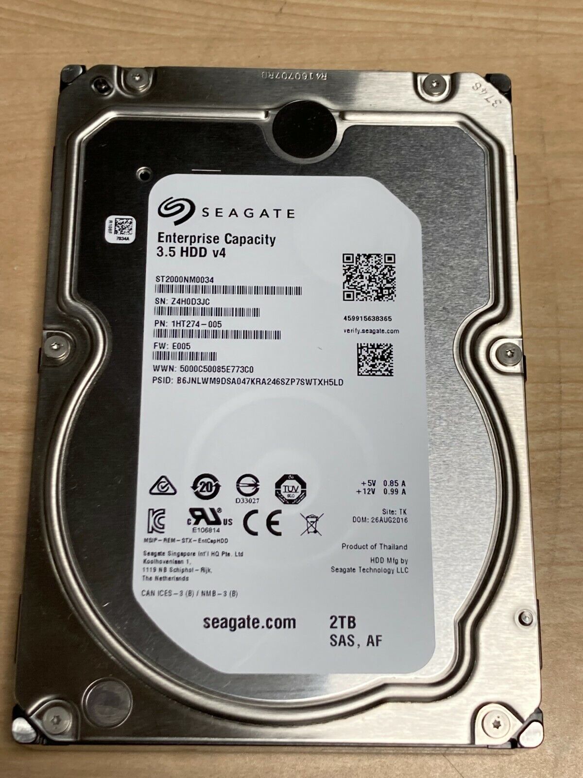 SEAGATE Enterprise Capacity 3.5 V4 HDD ST2000NM0034 P/N 1HT274-005 2TB 7200RPM