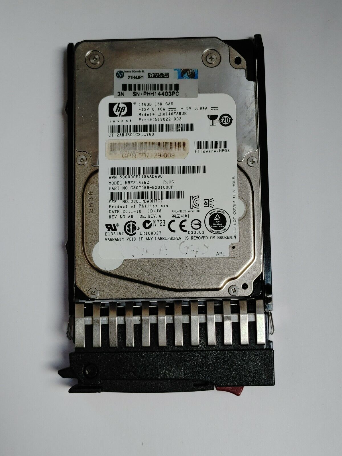 HP 518022-002 146GB 6G SAS 15K rpm SFF 2.5'' Dual Port Enterprise HDD W/Tray