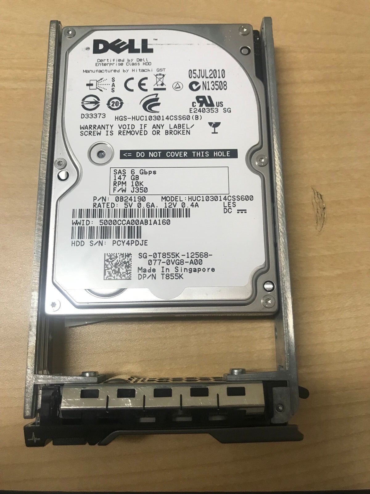 DELL T855K 147GB SAS 15K 6GBPS 2.5" DRIVE 0B24190 HUC103014CSS600 With Tray