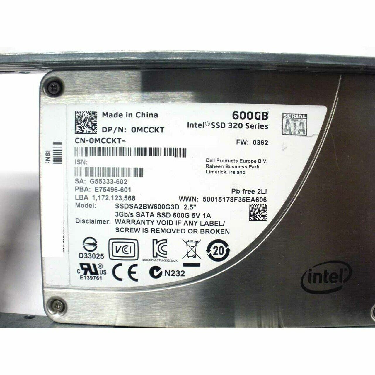 DELL MCCKT 600GB SSD SATA MLC DRIVE INTEL 320 SSDSA2BW600G3 POWEREDGE R620 R720