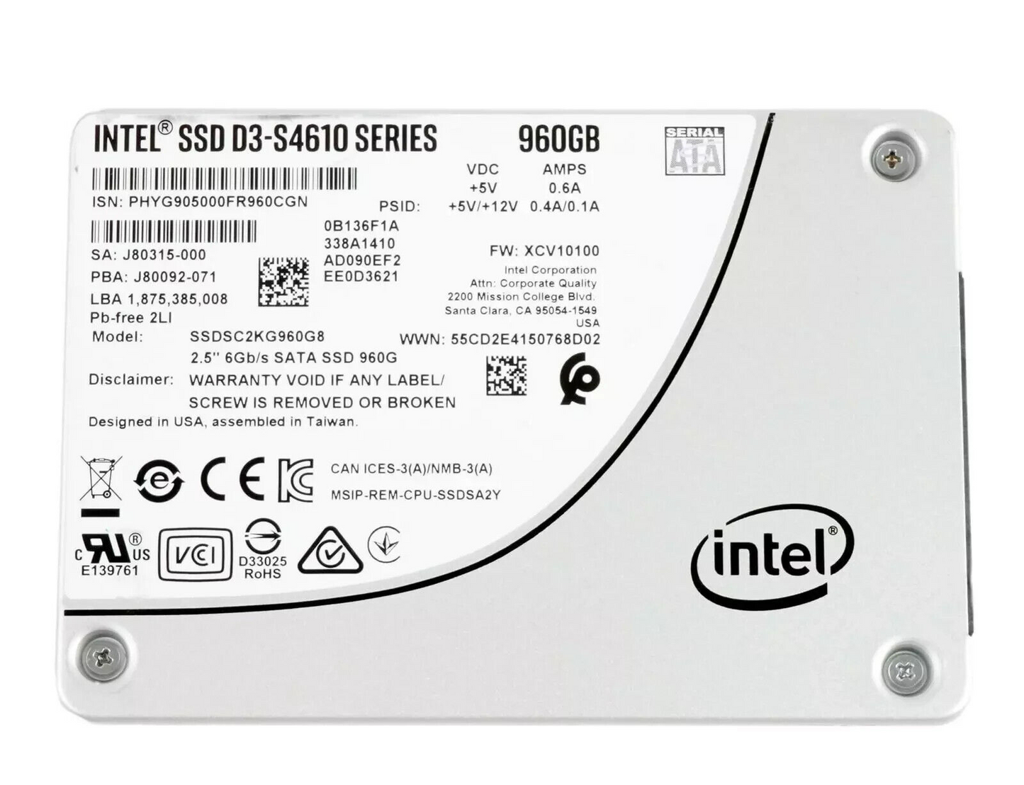Intel D3-S4610 Series 960GB SATA 6Gbps 3D2 TLC 2.5" SSD SSDSC2KG960G8