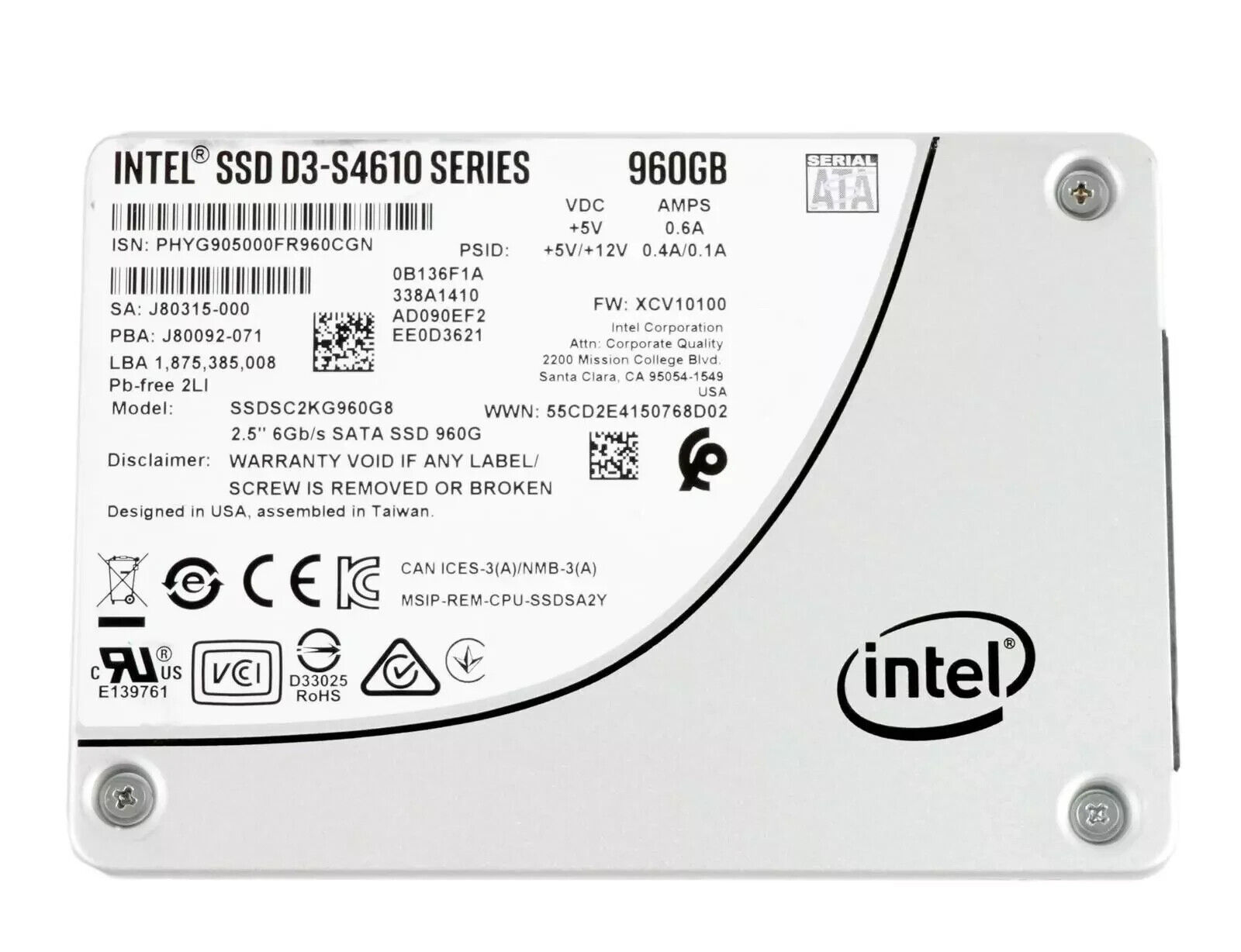Intel D3-S4610 Series 960GB SATA 6Gbps 3D2 TLC 2.5" SSD SSDSC2KG960G8
