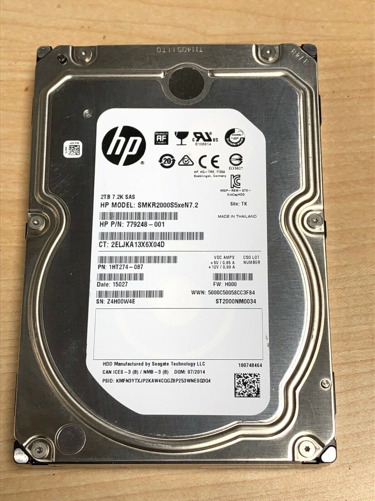 HPE 2TB SMKR2000S5xeN7.2 ST2000NM0034 779248-001 1HT274-087 7.2K SAS 12Gbps 3.5"