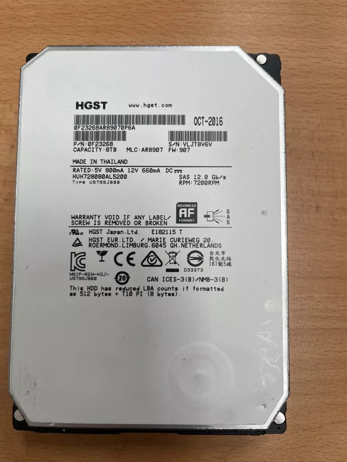 8TB SAS HUH728080AL5200 HGST 3.5" Server Hard Drive 7.2K 12Gbps 0F23268 dell HP
