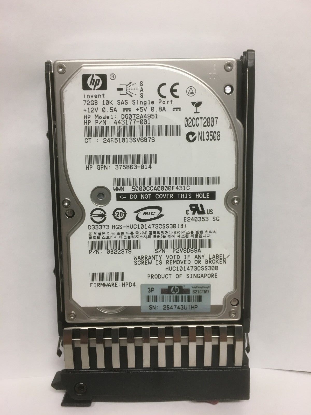 HP 72GB 10K SAS SATA 2.5" Enterprise Hard Drive 443177-001 with Hot Swap Cage
