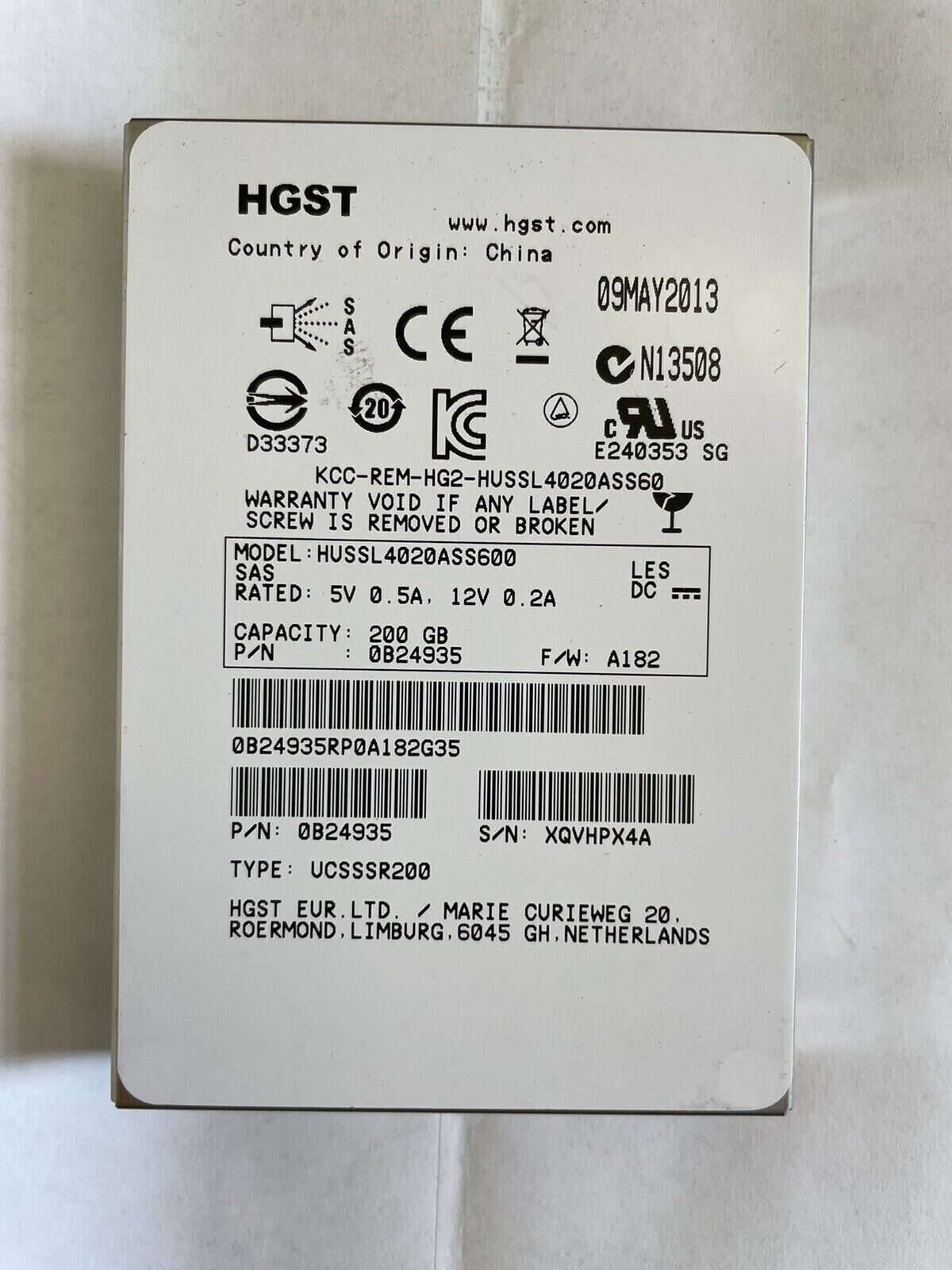 Hitachi 0B24935 2.5" 200GB 6Gbps SLC SAS SSD Solid State Drive HUSSL4020ASS600 