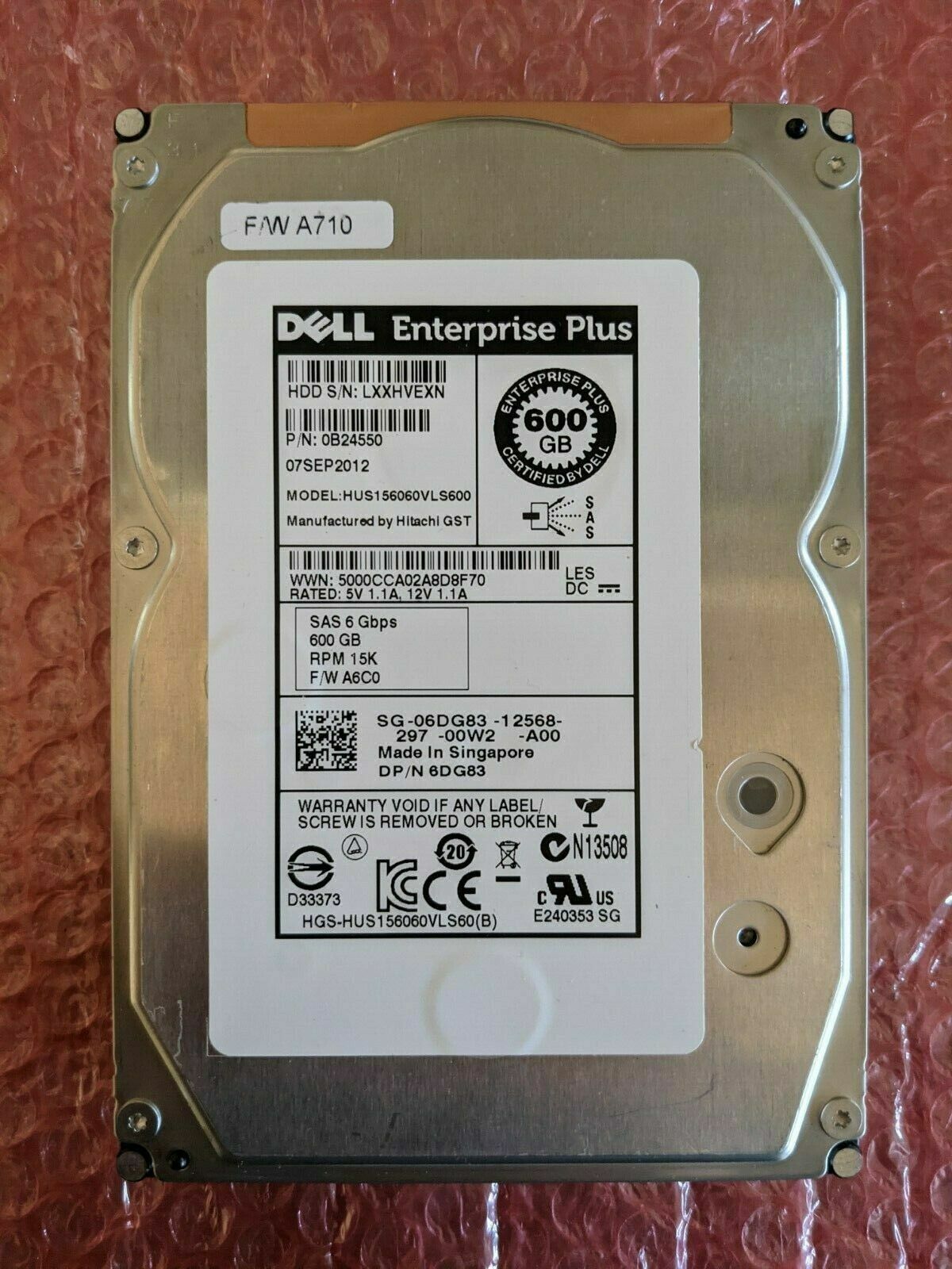 6DG83 Dell Enterprise Plus 600GB 3.5 15K SAS Hard Drive HUS156060VLS600 0B24550