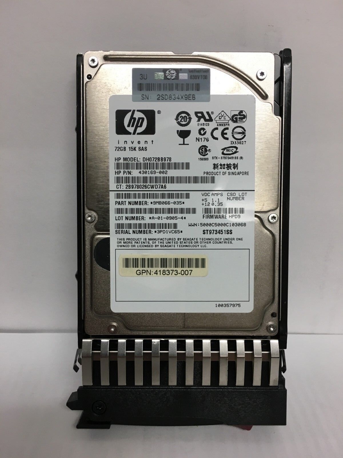 430169-002 HP 72GB SAS 15 K 418373-003  Hard Drive W/ CADDY TRAY
