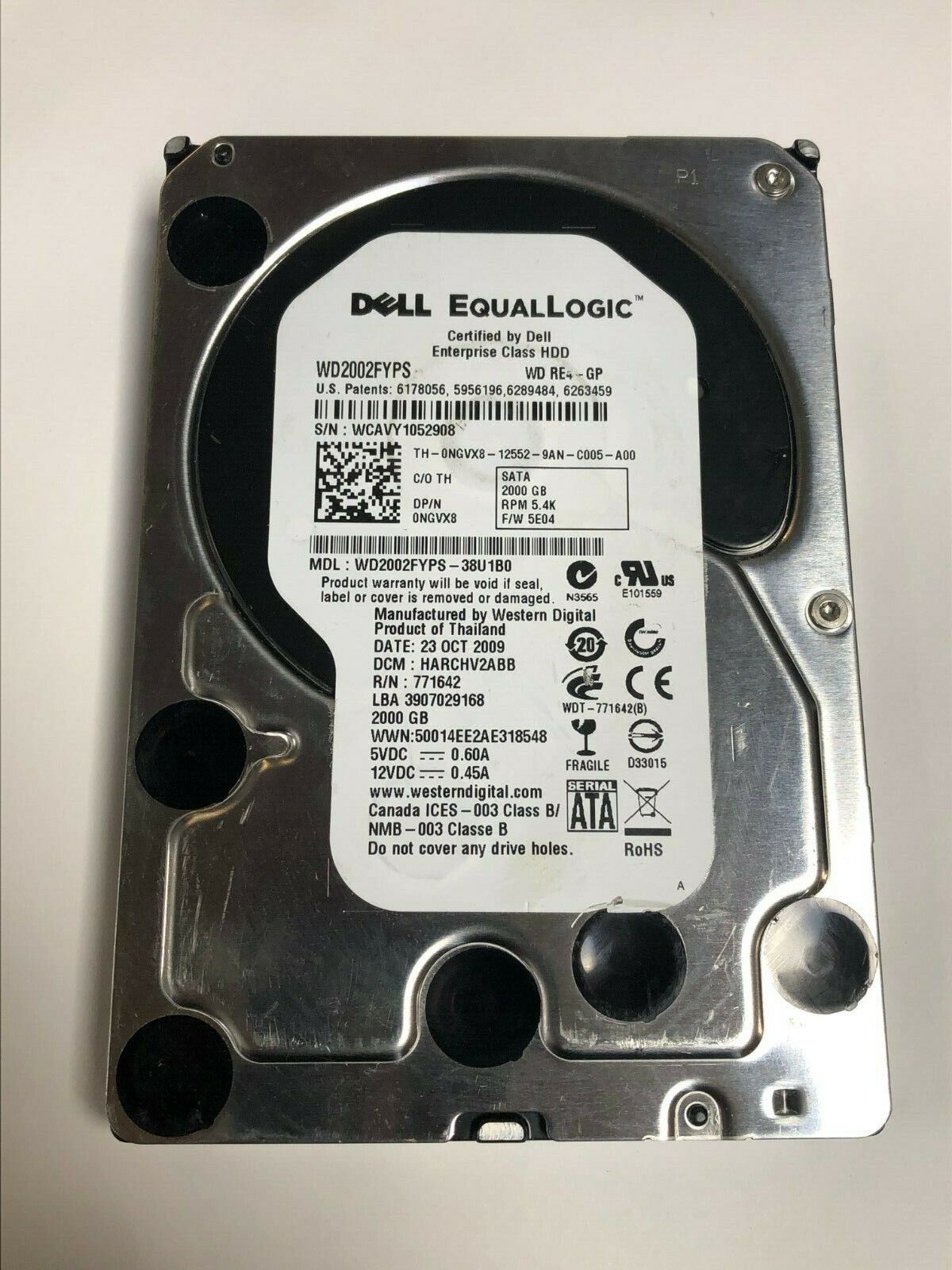 NGVX8 DELL EQUALLOGIC 2TB 5.4K SATA 3.5" 3Gb/s HDD WD2002FYPS