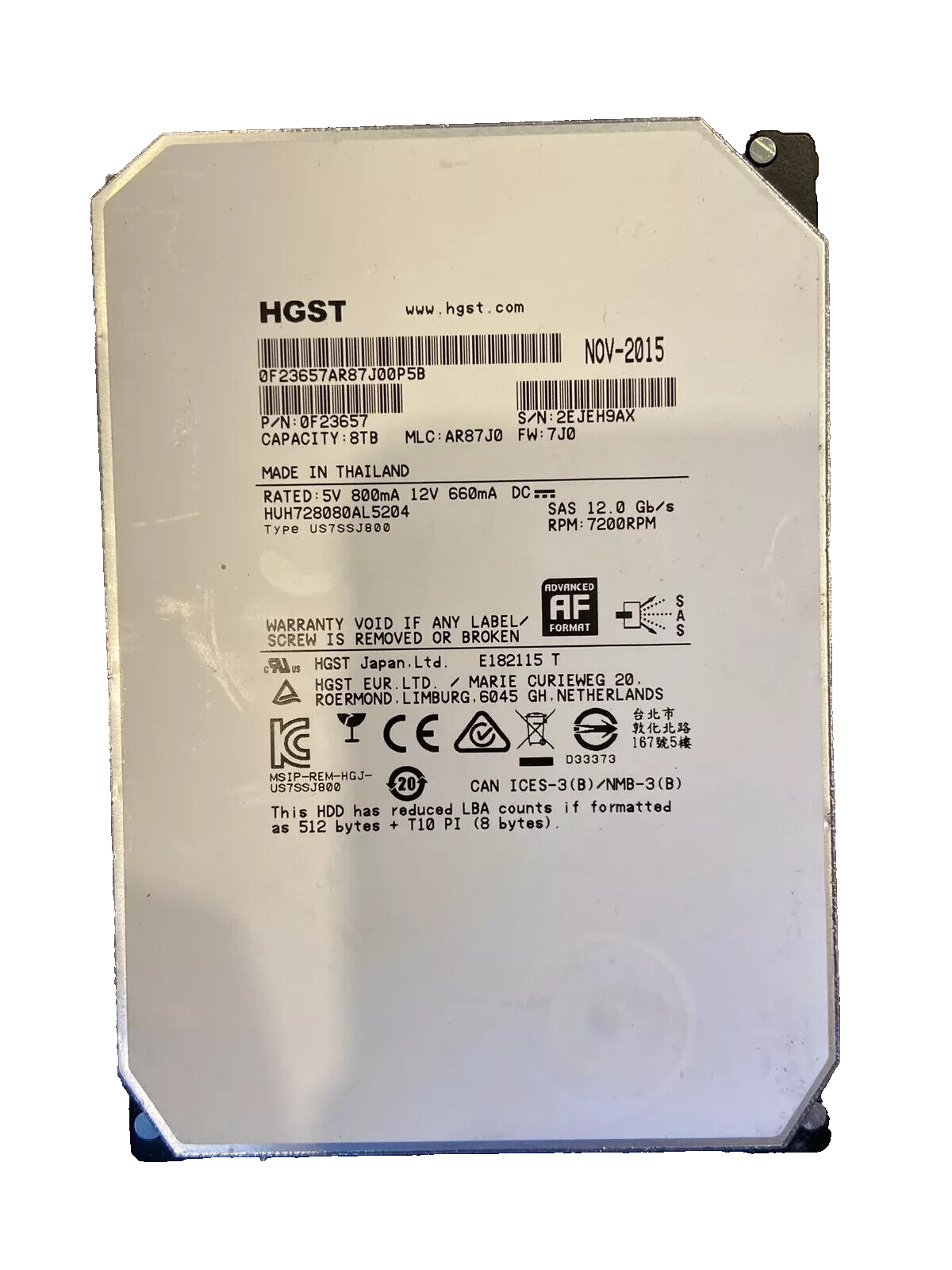 HGST HUH728080AL5204 8TB 3.5 12gbps SAS 7200 RPM" Hard Drive 0F23657