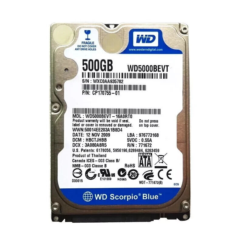 Western Digital 500GB WD5000BEVT 5400RPM SATA 2.5" Laptop Internal Hard Drive