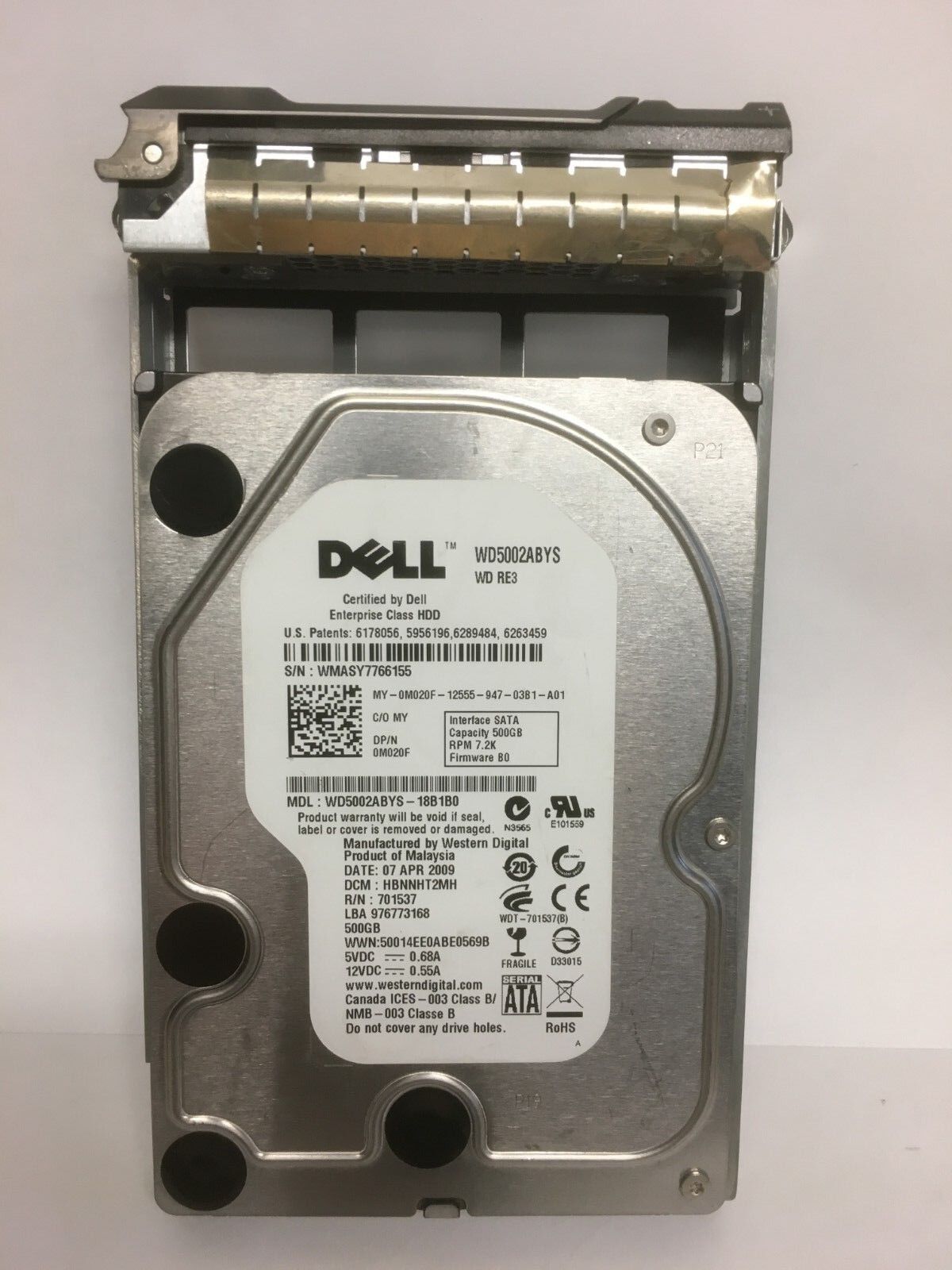 0M20F Dell WD M020F 500GB 7200RPM SATA 3.0Gb/s 3.5in Hard Drive with CADDY/TRAY
