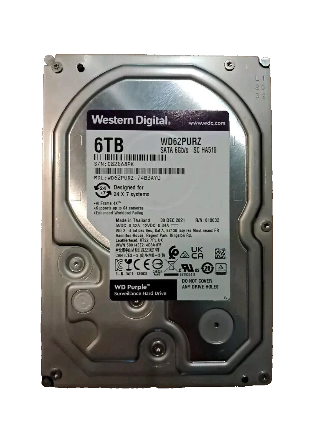 Western Digital Purple Surveillance WD62PURZ 6TB 5400RPM 6.0Gb/s 3.5" Hard Drive