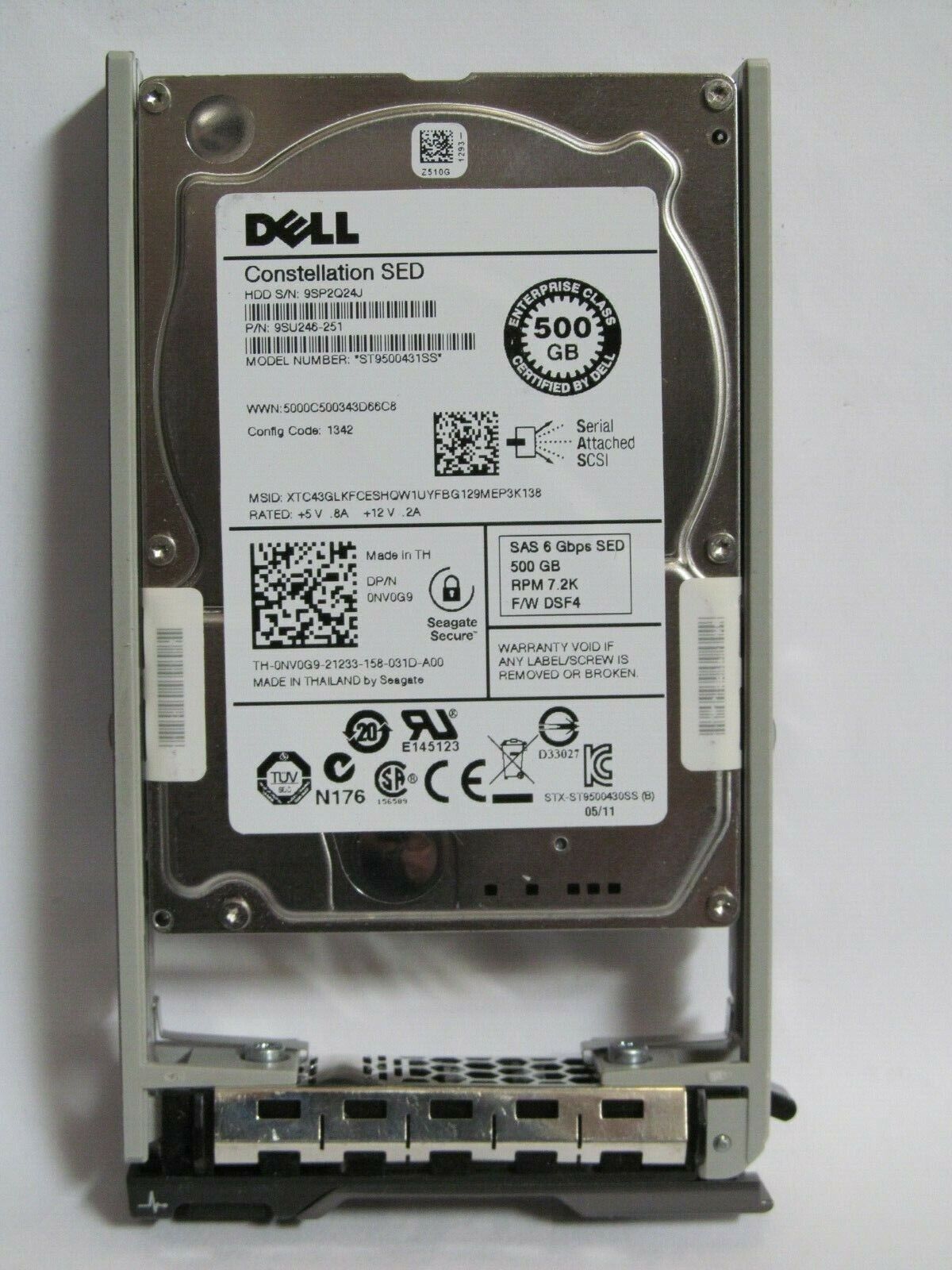 NV0G9 DELL ENTERPRISE CLASS 500GB 7.2K SAS 2.5 6G SED HDD Caddy Server hard