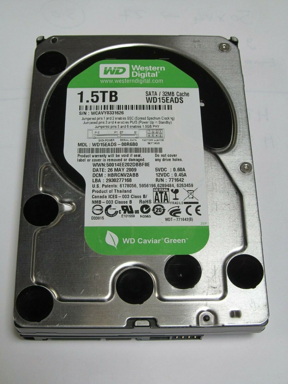 Western Digital Caviar Green 1.5TB Internal 7200RPM 3.5" WD15EADS HDD hard drive
